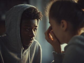 Thoughtful young man in a hoodie listening intently to a comforting friend during an emotional conversation.