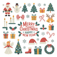 Festive collection of traditional christmas and new year holiday elements including santa, snowman, trees, gifts, and decorations.