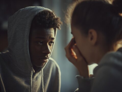 Thoughtful young man in a hoodie listening intently to a comforting friend during an emotional conversation. - Powered by Adobe
