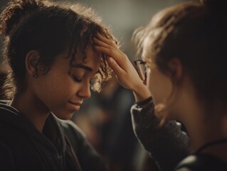 Supportive moment of comfort as one young woman gently touches another's forehead with deep empathy and care.