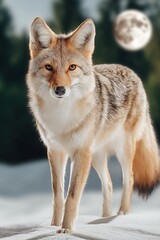 Obraz premium Coyote in snowy forest under full moon.