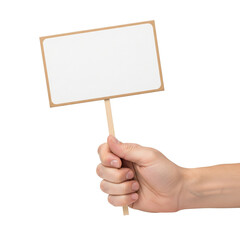 Hand holding blank sign isolated on transparent background for advertisement mockup
