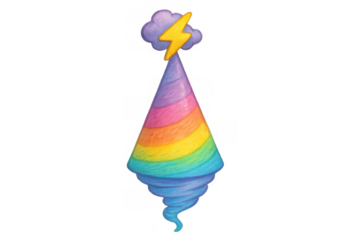Rainbow tornado with storm cloud and lightning bolt, representing powerful colorful weather and climate events