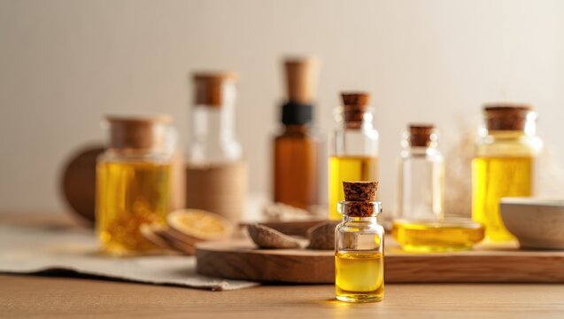 Layered essential oils tableau with translucent bottles and citrus accents - Powered by Adobe