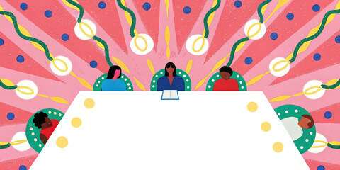 Empty white table with minimal shadows, diverse people sitting, abstract background