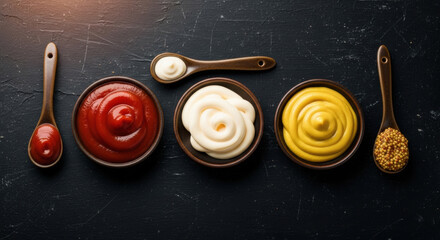 Bowls and spoons with ketchup, mayonnaise, mustard, and grainy mustard on black surface. Colorful, culinary set, seasoning, food preparation, close-up condiment