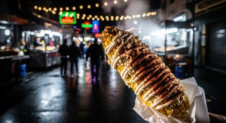Close up of a seasoned corn cob street food concept low light setting