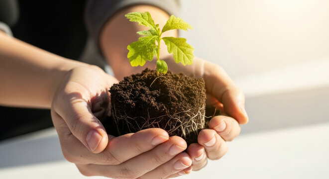 Hands holding soil with a green young plant seedling, nurturing growth and new life outdoors. Eco-friendly, sustainability concept, environment and gardening theme - Powered by Adobe