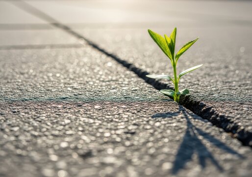 A single green sprout emerges defiantly from a crack in a concrete surface