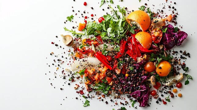 Isolated against a white background, this image shows remnants suggesting anaerobic digestion, likely in a chao system. It features vegetable scraps, fruit peels, and food waste - Powered by Adobe
