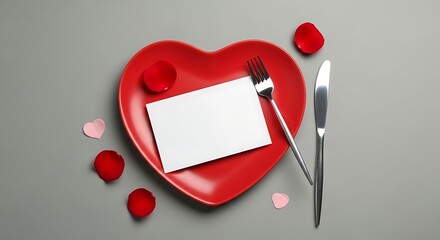 A red heart-shaped plate with a blank card, fork, and knife, surrounded by rose petals and pink hearts on a gray background