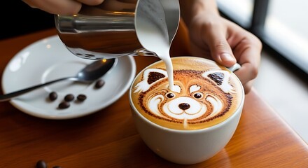 Red Panda Latte Art Pouring Cream into Coffee Cup.