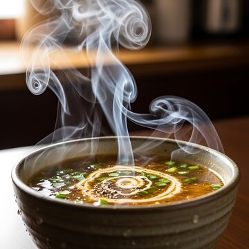 Steaming Bowl of Savory Broth with Swirl Garnish.