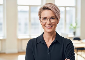 Smiling confident woman with short pink hair and glasses in an office setting