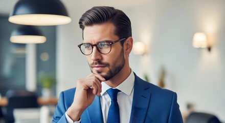 Thoughtful businessman with glasses wearing blue suit in modern office, confident corporate professional thinking and planning strategy, leadership and decision-making concept portrait