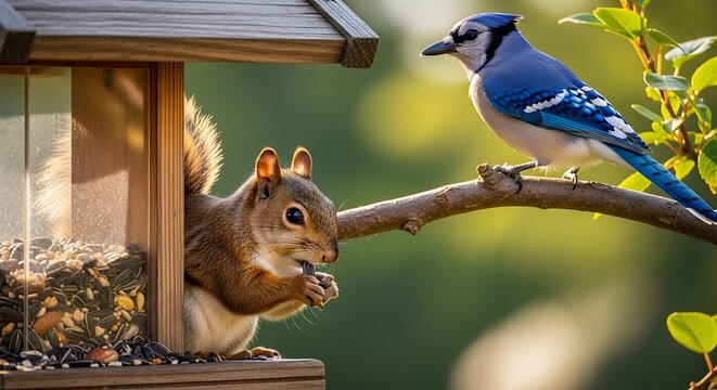 A red squirrel eats from a bird feeder while a blue jay perches nearby on a branch, both in an outdoor setting