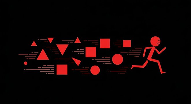 A red stick figure is running with red geometric shapes trailing behind on a black background