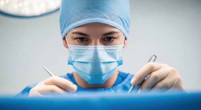 A focused surgeon in a blue cap and mask holds surgical instruments while performing a delicate operation in a brightly lit operating room, viewed from the patient's perspective