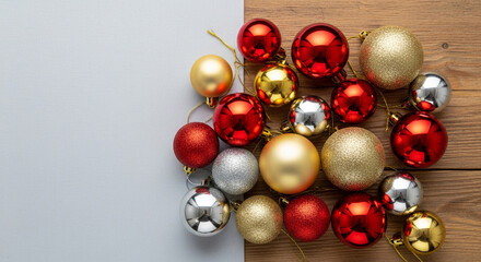 Overhead shot of assorted Christmas ornaments including red gold and silver baubles arranged on a split background for holiday decor