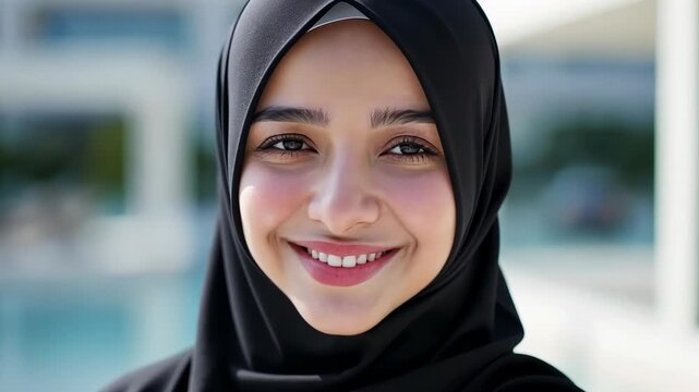 Arab young woman in black hijab smiles warmly against lush greenery, conveying happiness and approachability, showcasing Caucasian features, vibrant colors, and peaceful atmosphere, joyful serenity