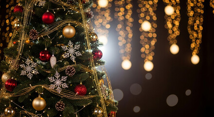 Decorated Christmas tree with ornaments and lights festive holiday background perfect for seasonal greetings and celebrations
