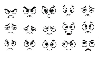Cartoon faces with different emotions black and white