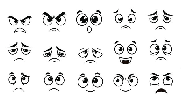 Cartoon faces with different emotions black and white