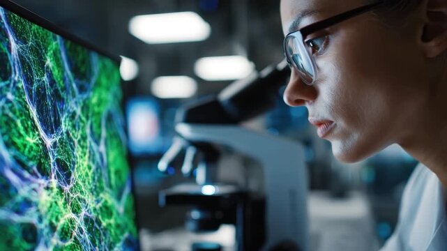 A Laboratory Scientist Uses Electron Microscopy to Inspect High-Contrast Biological Cell Structures