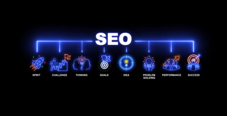 Glowing neon line banner of SEO concept with spirit, challenge, thinking, goals, idea, problem solving, performance and success icons on transparent background.