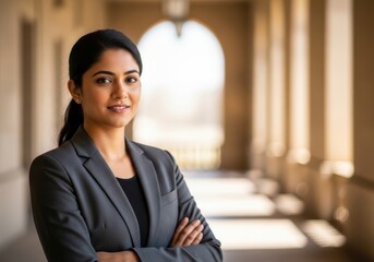 Confident indian businesswoman with arms crossed in a professional setting