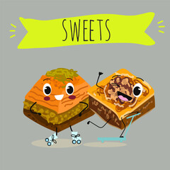 Funny Characters Turkish Traditional desserts pistachio baklava, hand drawn vector illustration.