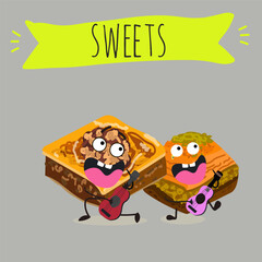 Funny Characters Turkish Traditional desserts pistachio baklava, hand drawn vector illustration.