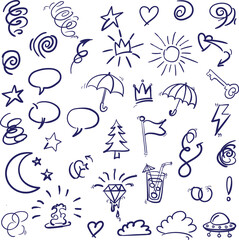 Vector art of handdrawn doodle icons set with various symbols isolated on