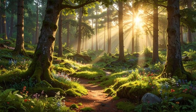Enchanting forest trail bathed in morning sunlight with lush greenery and trees