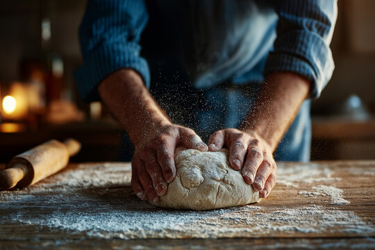 Kneading dough with hands flour dusting rustic kitchen setting warm lighting baking preparation culinary art homemade bread focused expression hands on activity traditional cooking - Powered by Adobe