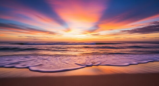 A breathtaking long exposure photograph of a tropical beach at sunset, with vibrant orange and purple sun rays radiating across the sky and gentle waves washing over the wet sand