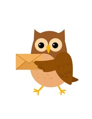 Obraz premium A cartoon owl, rendered in simple, flat colors, stands upright holding a letter. Its large eyes give a cute expression