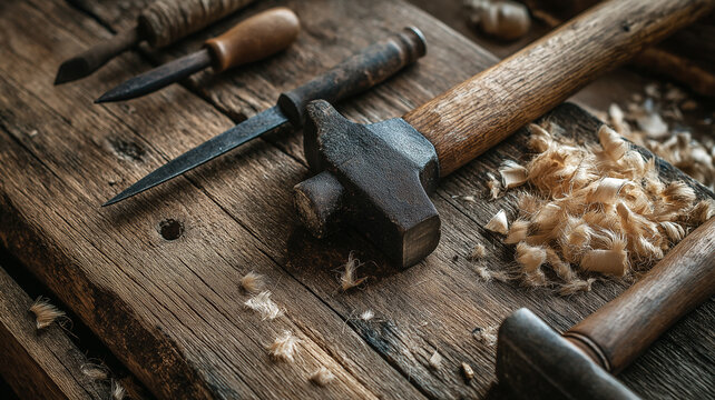 Vintage carpentry tools including hammer, chisel, and wood shavings are arranged on rustic wooden surface, evoking sense of craftsmanship and nostalgia