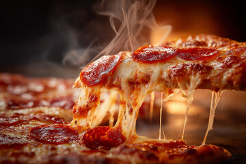 Delicious pepperoni pizza with melted cheese and steam rising, showcasing gooey slice being lifted. warm colors and inviting aroma create mouthwatering experience