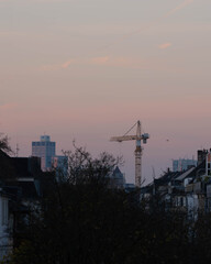 Naklejka premium Crane in the Blue hour of Duesseldorf Germany in November 2025 - City Developement. High quality photo