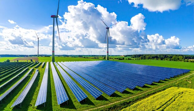 Solar Panels and Wind Turbines on Sunny Day Energy Production in Green Field with Blue Sky and Clouds Renewable Source of Clean Power