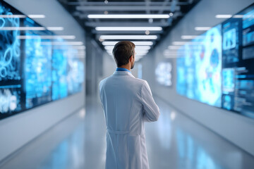 Doctor white coat stands modern hallway, observing digital displays filled with medical data and graphics. environment is sleek and futuristic, conveying sense of innovation and professionalism