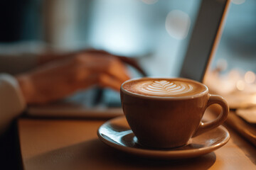 Close up view of cup of coffee with latte art on saucer, placed on wooden table. In background, person is typing on laptop, creating cozy and productive atmosphere