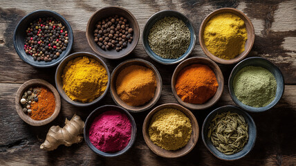 Top down view of variety of fresh, colorful spices arranged in wooden bowls, showcasing vibrant hues of yellow, red, green, and brown, evoking sense of warmth and culinary creativity