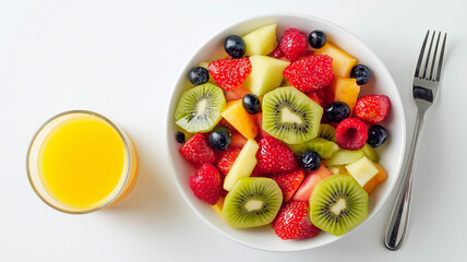 Fresh fruit salad bowl with strawberries blueberries kiwi cantaloupe honeydew and raspberries served with glass of orange juice creating vibrant and healthy meal