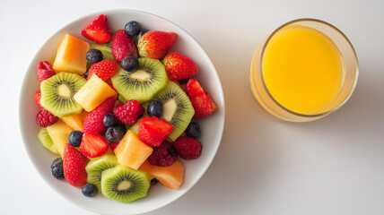 Fresh fruit salad bowl featuring vibrant strawberries, blueberries, raspberries, kiwi, and melon, accompanied by refreshing glass of orange juice, perfect for healthy breakfast or snack