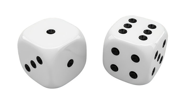 Two glossy white standard six-sided gaming cubes show different outcomes against a dark background