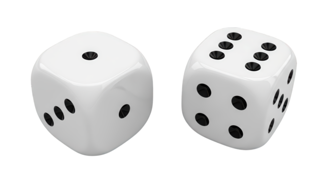 Two glossy white standard six-sided gaming cubes show different outcomes against a dark background
