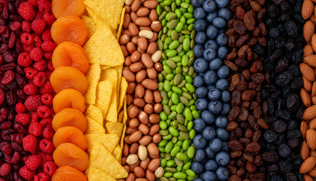 Rich natural hues of red, orange, yellow, green, blue and brown appear in a bold arrangement of snacks and produce, blending crunchy, chewy and juicy textures into a visually balanced display.
