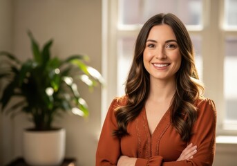 Smiling woman with arms crossed in a well lit room with a plant